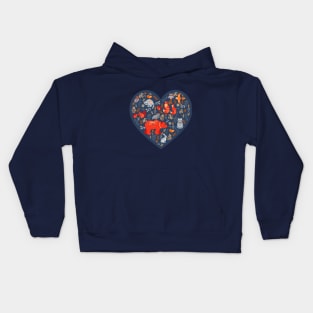 Forest animals and birds on the background of the heart. Kids Hoodie